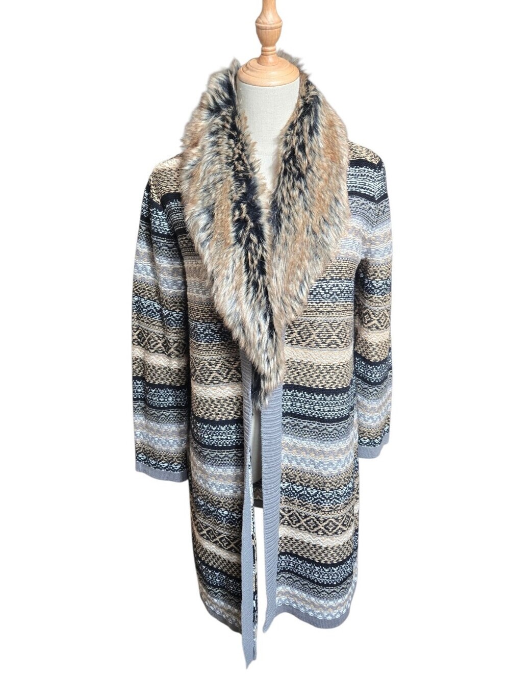 Ann Klein Y2K Faux Fur Trim Long Knit Cardigan Sweater - Multicolor